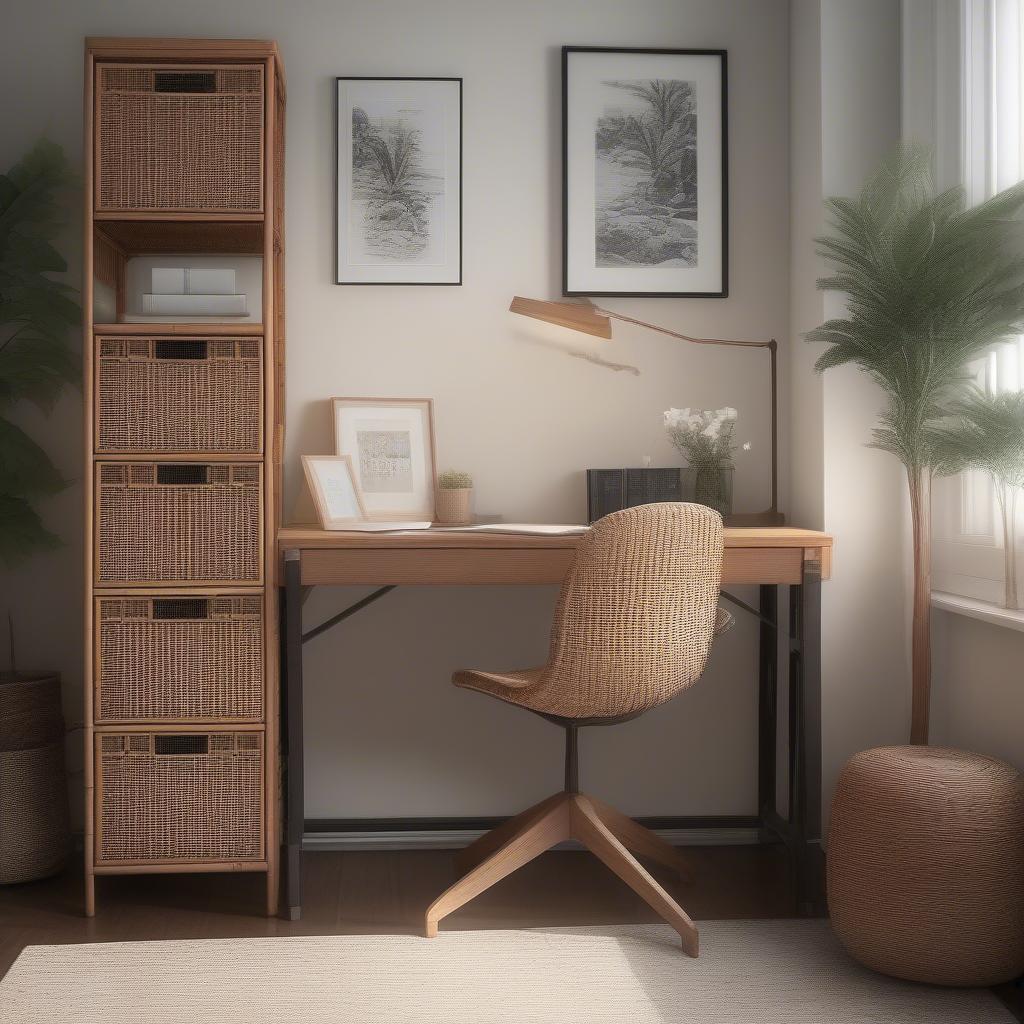 Wicker Rattan File Cabinet in a Home Office Setting