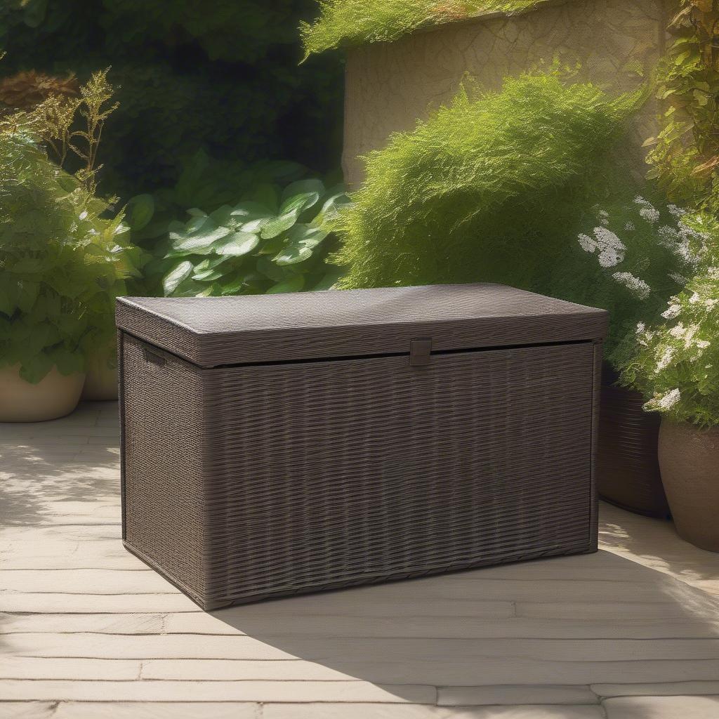 A wicker rattan look storage box in a garden setting, surrounded by lush greenery, showcasing its natural appeal and weather resistance.