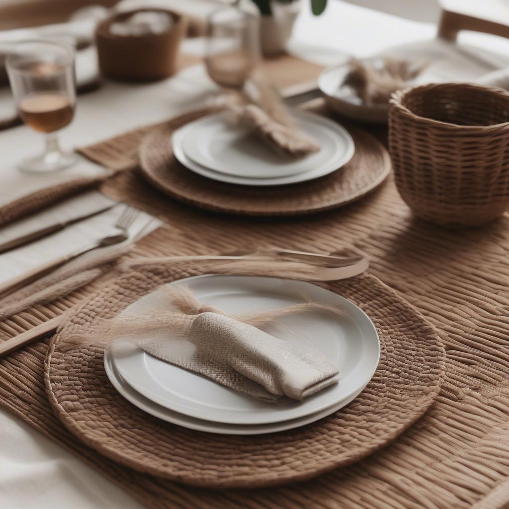 Wicker and rattan placemats on a dining table showcasing their natural beauty and practicality.