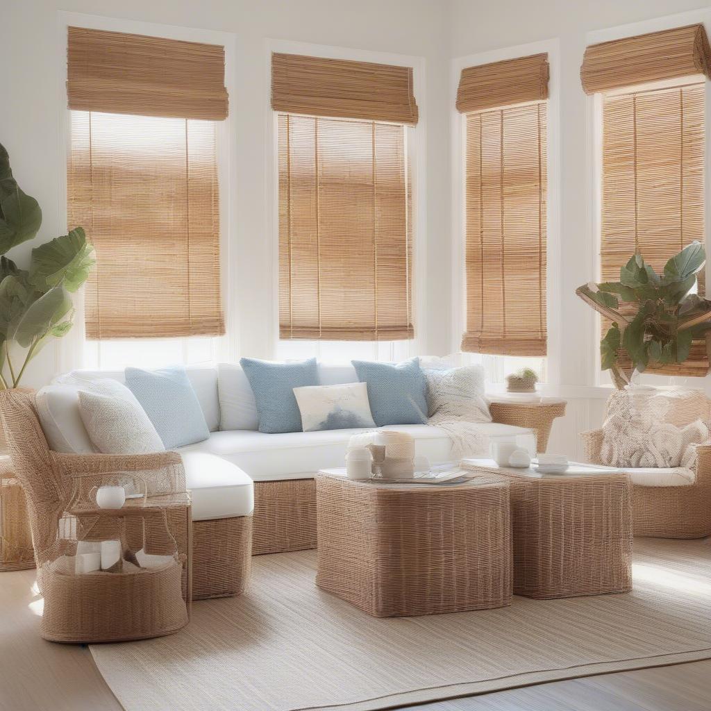 Wicker rattan shades in a living room setting