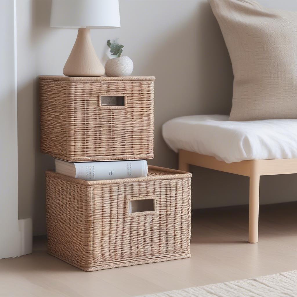 Wicker rattan storage cubes in a bedroom