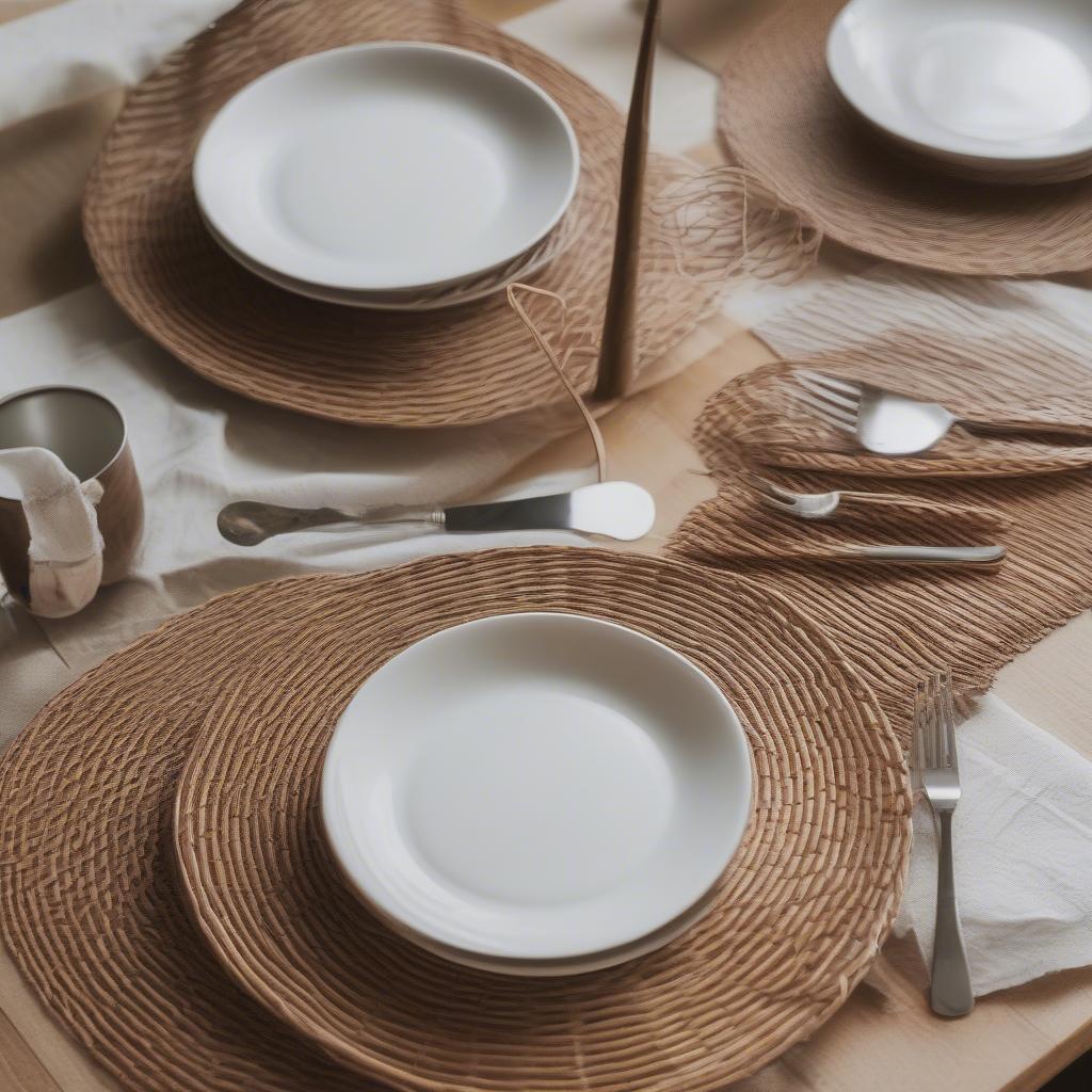 Wicker rectangle placemats on a dining table setting with cutlery and plates.