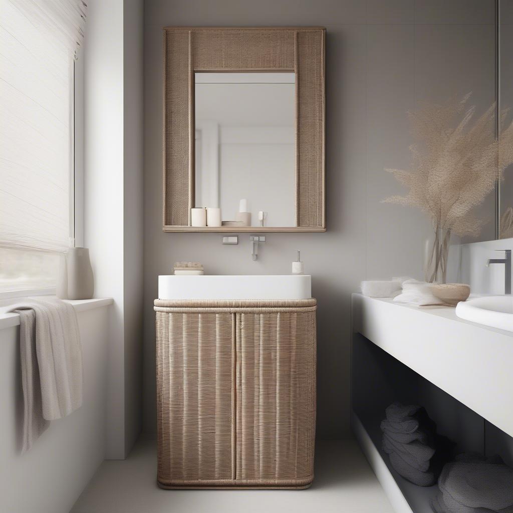 A wicker recycling bin in a bathroom, demonstrating its versatility and stylish design.