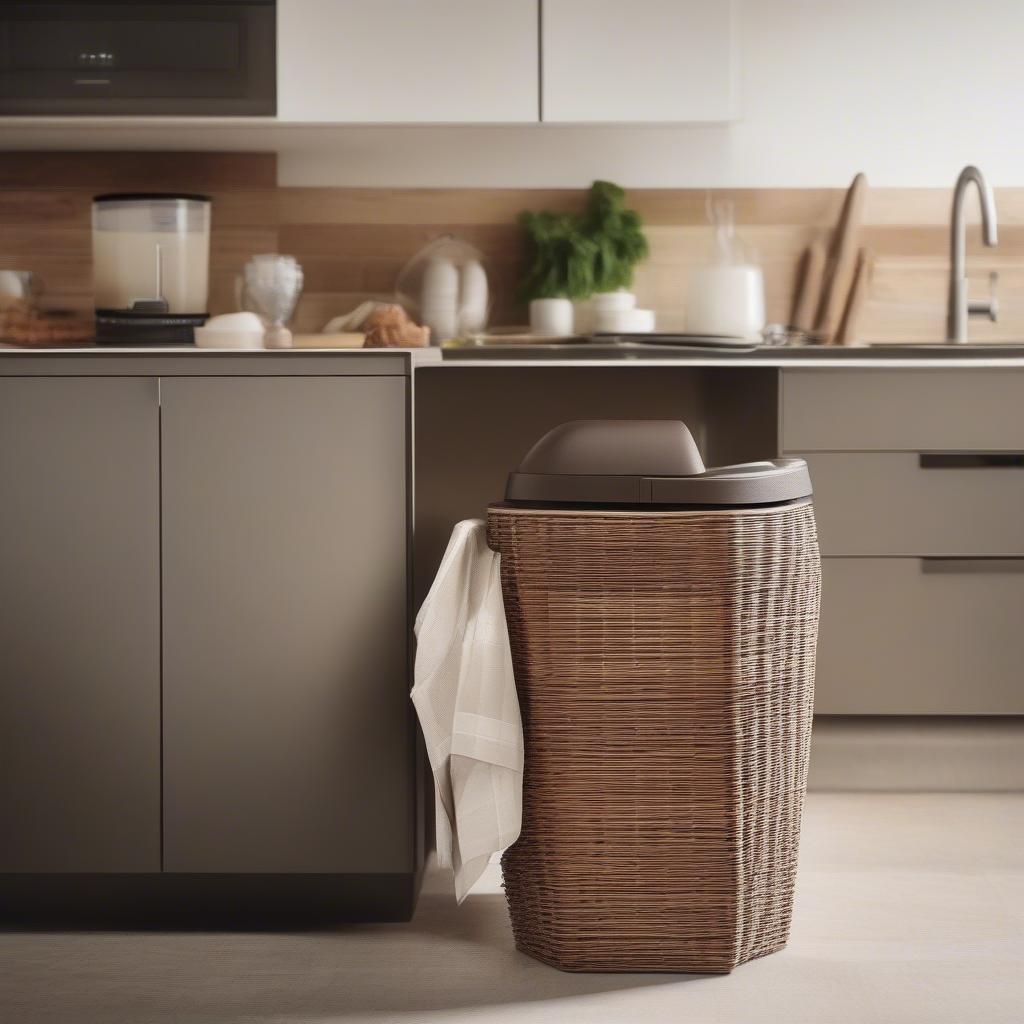 Wicker recycling bin in a kitchen setting, showcasing its practical and aesthetic appeal.