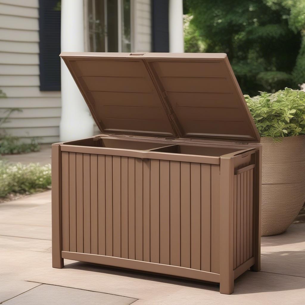 Wicker resin outdoor storage bin with table top, perfect for patio storage and extra surface.