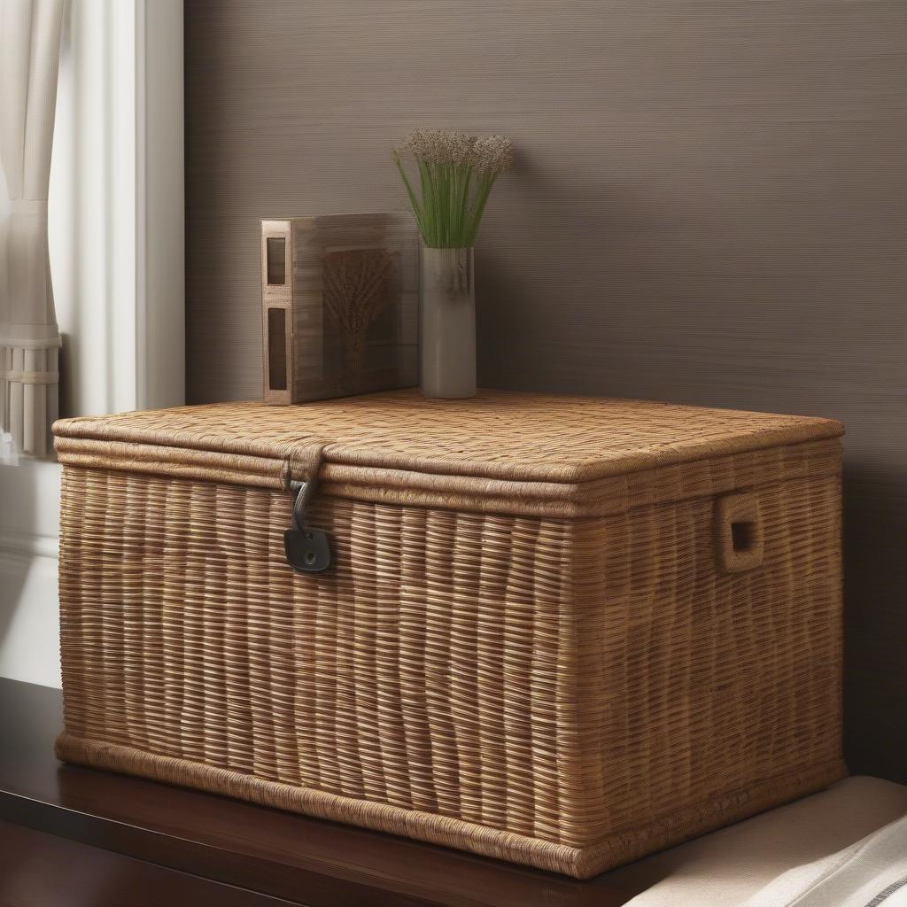 A wicker resin storage box used indoors in a living room or bedroom setting, demonstrating its versatility and aesthetic appeal in an indoor environment.