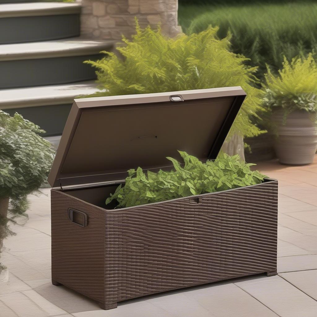 A wicker resin storage box on a patio, showcasing its weather resistance and aesthetic appeal in an outdoor setting.