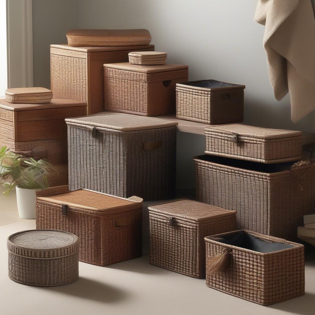 Variety of wicker resin storage boxes showcasing different sizes, shapes, and colors.