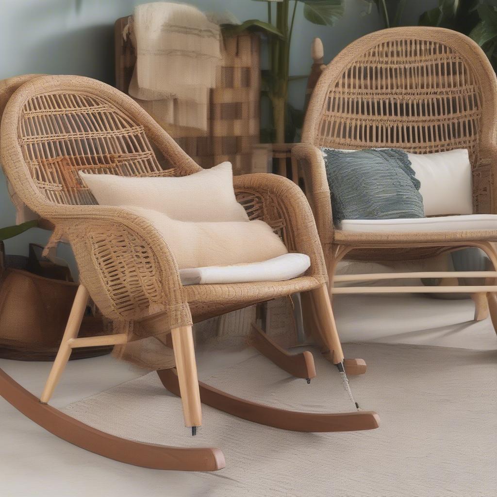 Different styles of wicker rockers with magazine holders