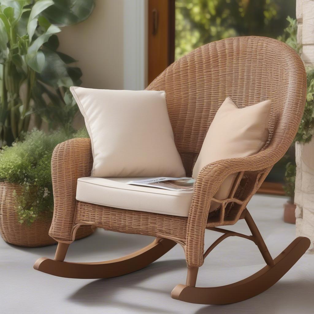 Wicker rocking chair with magazine holder on an outdoor patio, showcasing its comfort and practicality.