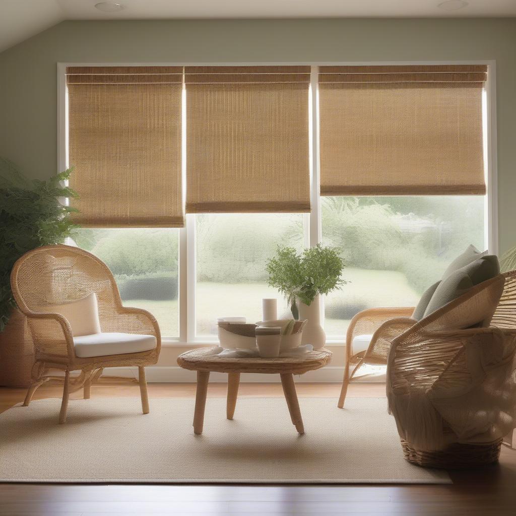 Wicker roll up blinds in a living room setting