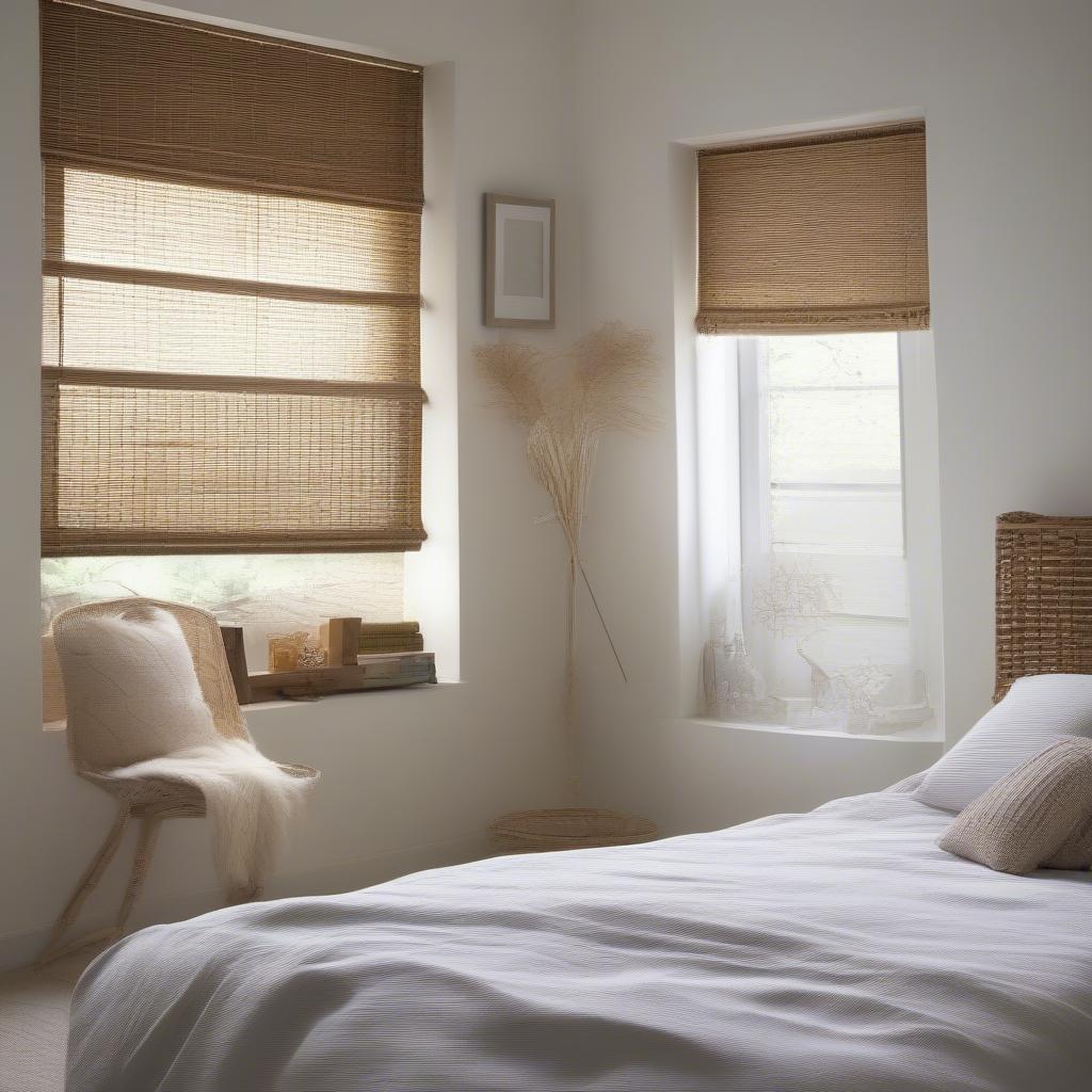 Wicker roller blinds in a bedroom