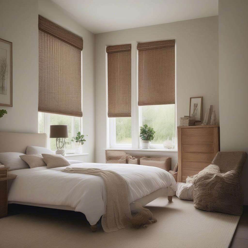 Wicker roller blinds providing privacy in a bedroom