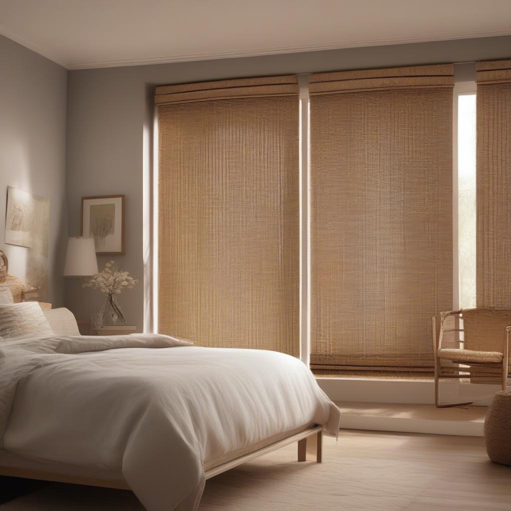 Wicker roller blinds in a bedroom, demonstrating privacy and light control.