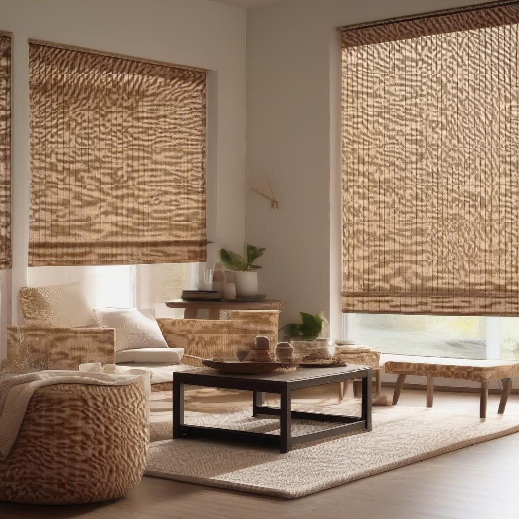 Wicker roller blinds in a modern living room setting, showcasing their natural texture and light filtering capabilities.