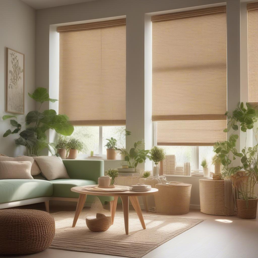 Wicker roller blinds add a natural touch to a modern living room, filtering sunlight softly.