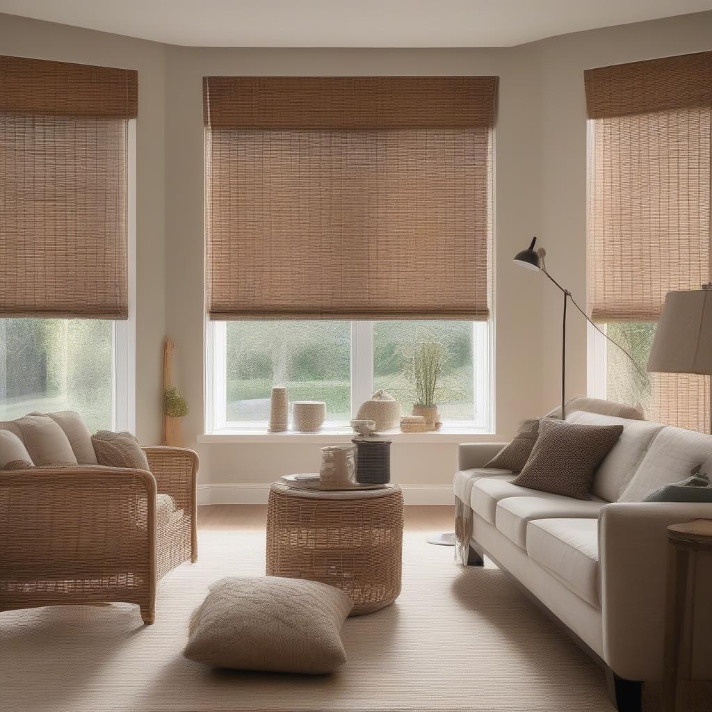 Wicker roller blinds in a living room setting