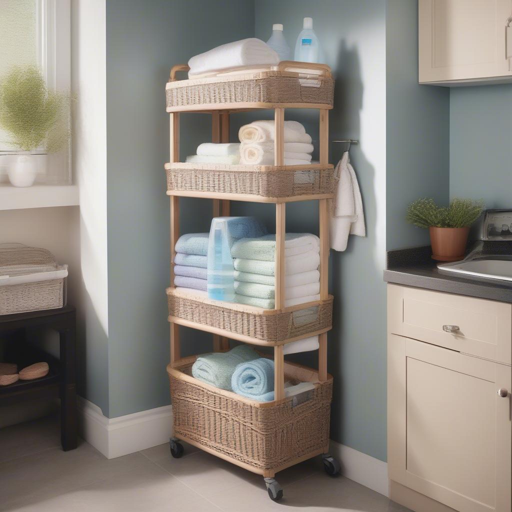 A slim wicker rolling cart fits perfectly between a washer and dryer, providing convenient storage for laundry essentials.