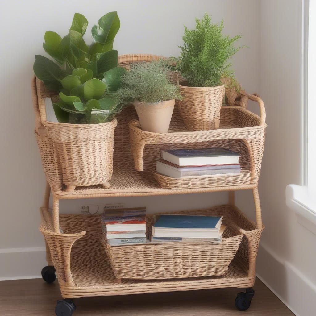 Wicker rolling cart with books and plants