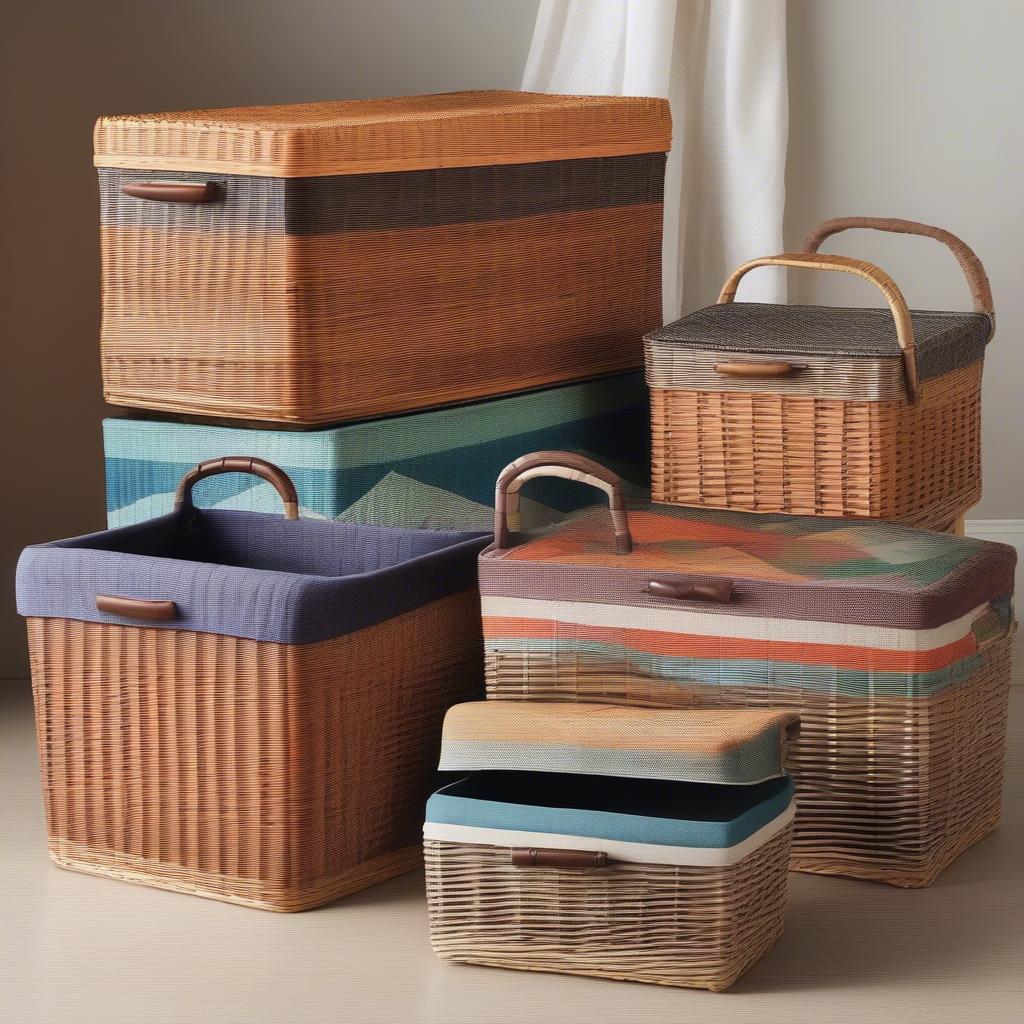 Different types of wicker rolling storage baskets, showcasing various shapes, sizes, and designs.