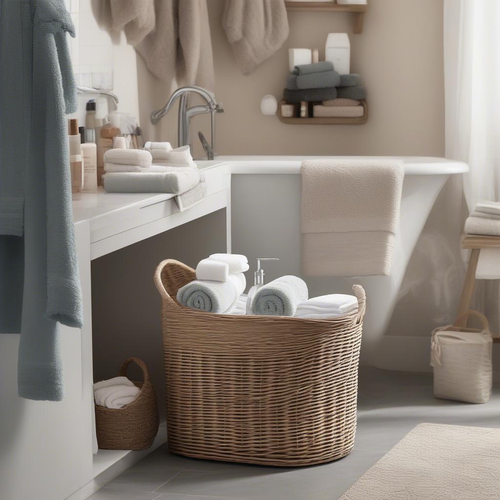 Wicker rolling storage baskets used in a bathroom setting, demonstrating their practicality for storing towels and toiletries.