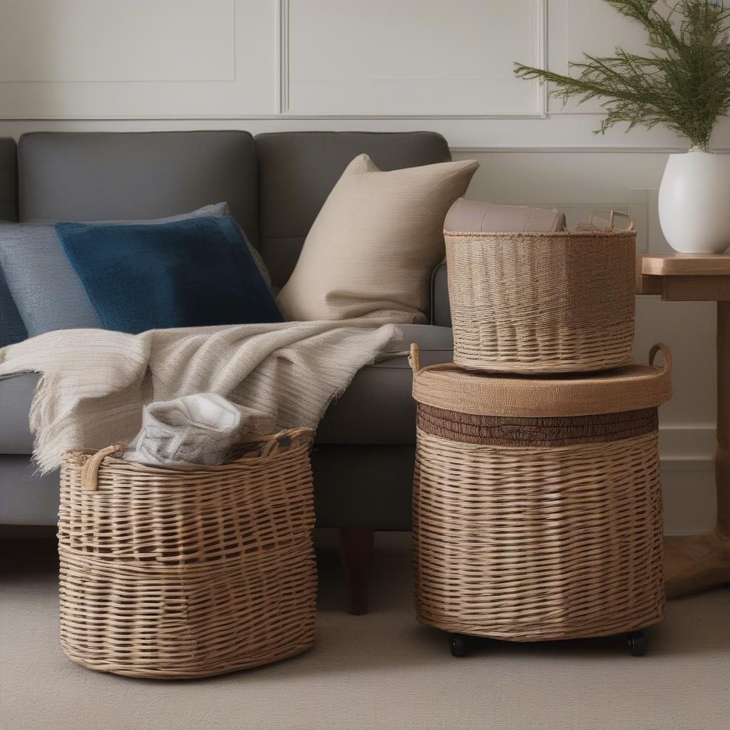 Wicker rolling storage baskets in a living room setting, showcasing their versatility and aesthetic appeal.