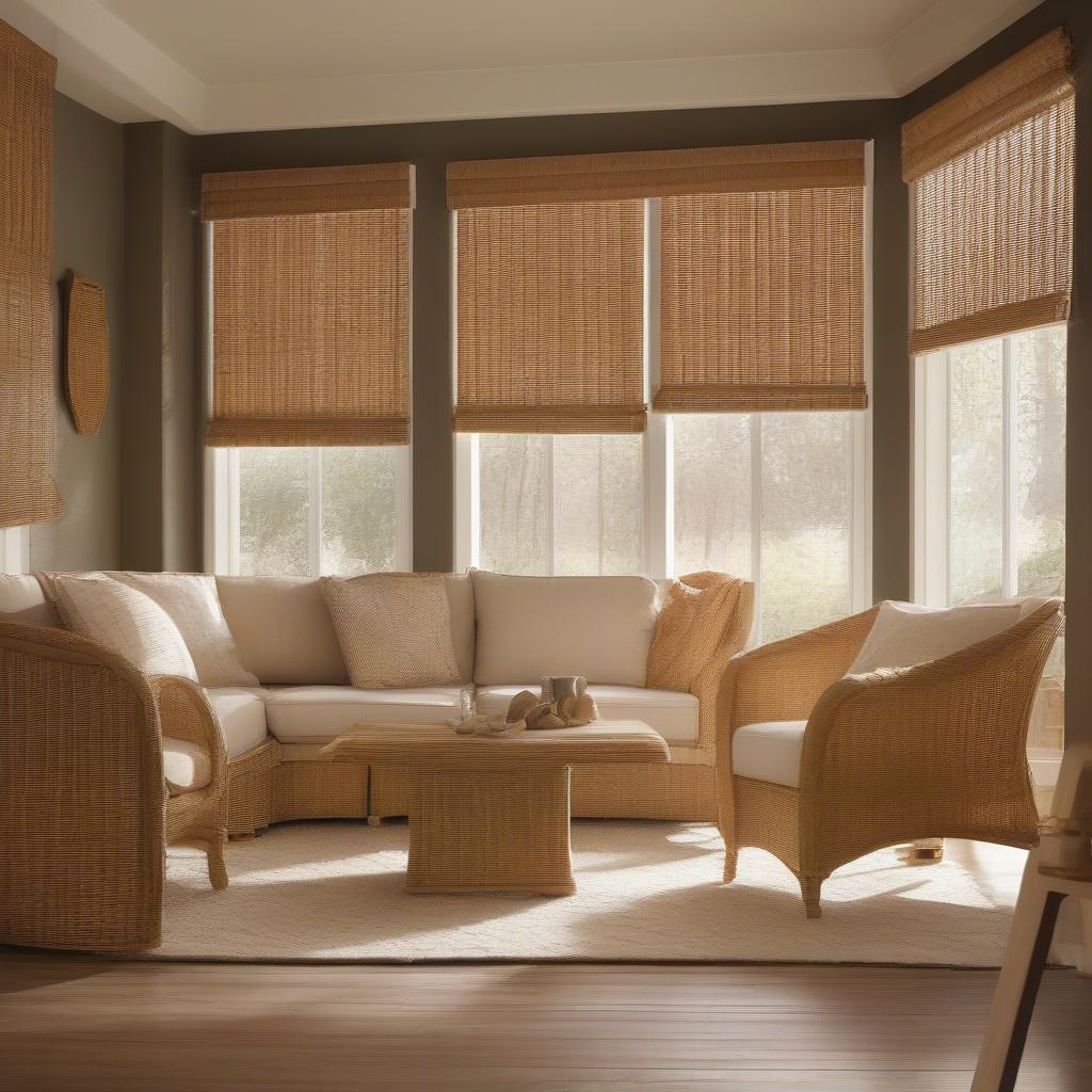 Wicker rollup blinds installed in a living room setting.