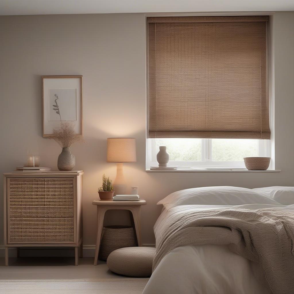 Wicker roman blinds in a bedroom, demonstrating their light-filtering and privacy features