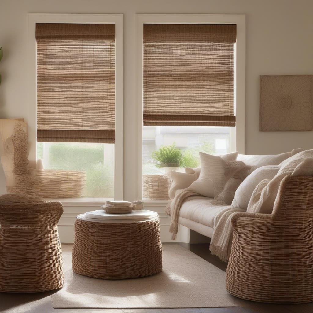 Wicker roman blinds in a living room setting, showcasing their natural texture and light filtering properties