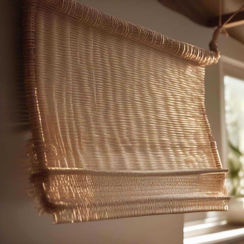 Wicker scroll blinds in a living room setting, filtering soft sunlight through the woven material, creating a warm and inviting ambiance.