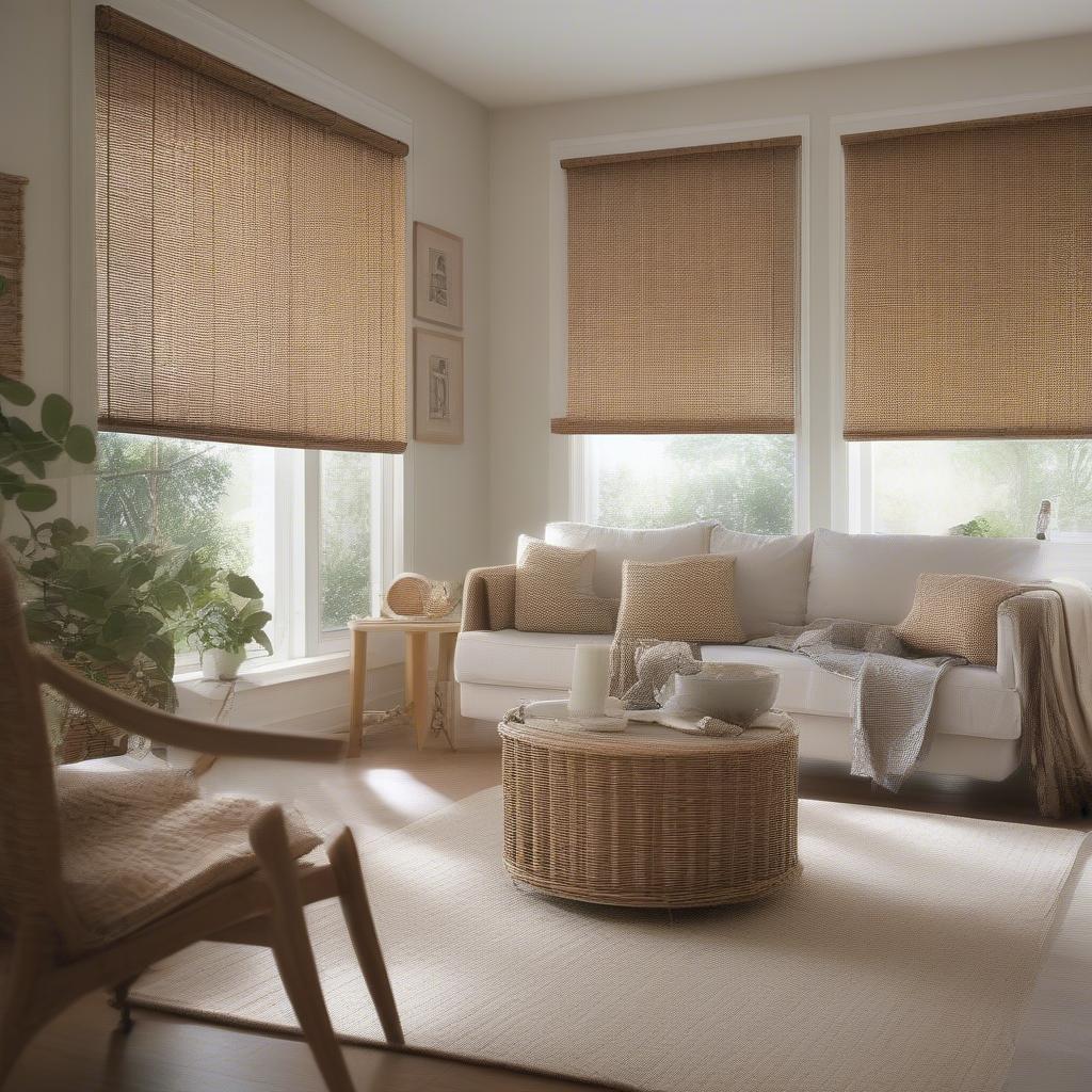 Wicker scroll vine blinds installed in a living room, showcasing their light filtering capabilities and how they complement the room's decor