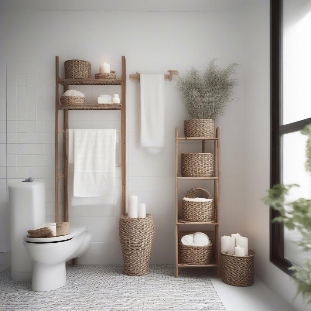 A wicker shelf unit in a bathroom setting, neatly organized with folded towels, adding a touch of natural elegance and providing practical storage.