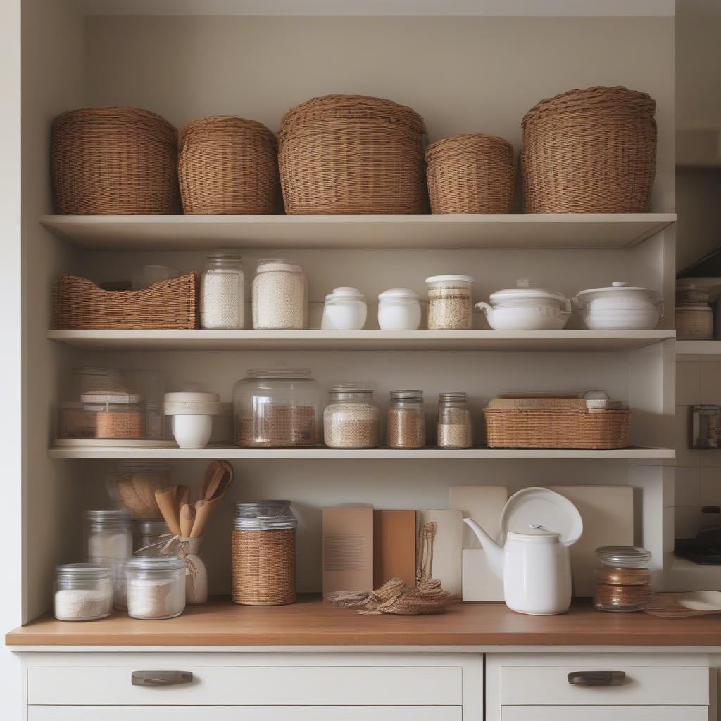 A wicker shelf in a kitchen setting, displaying cookbooks and spices, providing a practical and stylish storage solution.