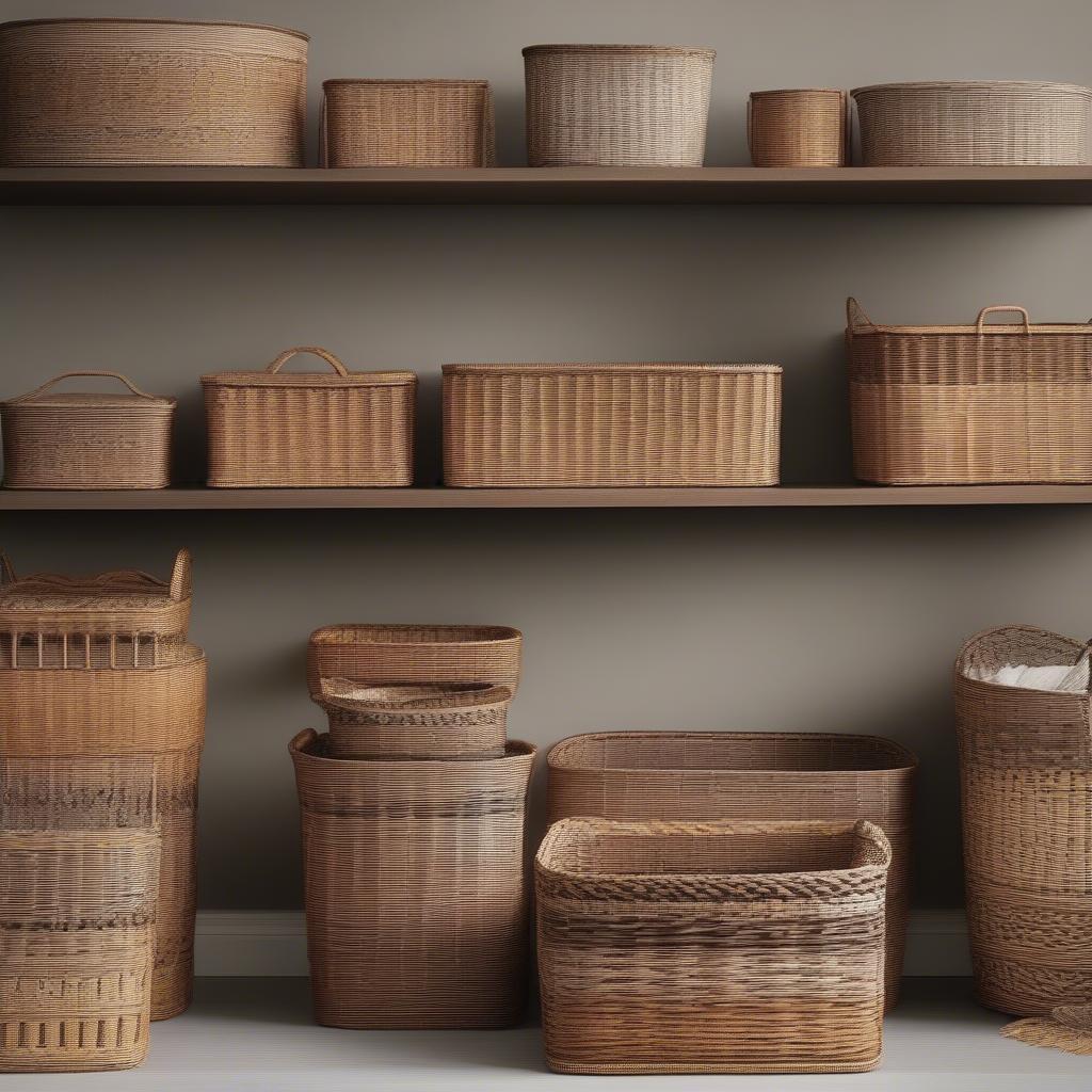 Variety of wicker shelf storage baskets showcasing different shapes, sizes, and weaving patterns.