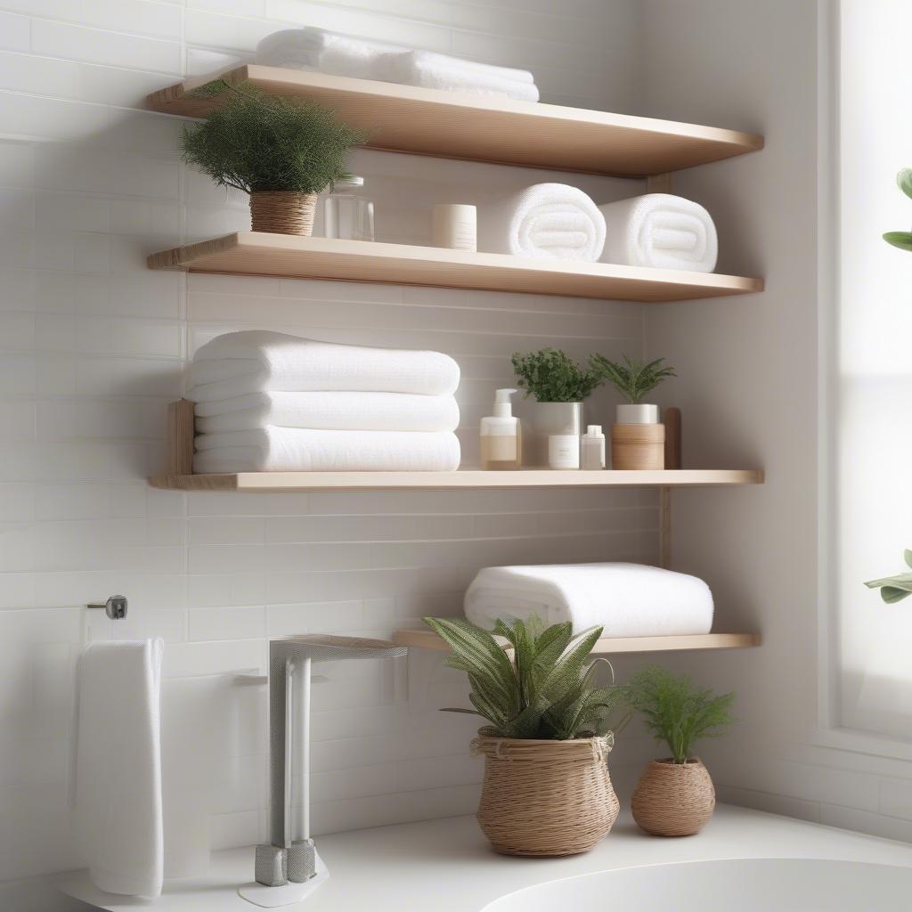 Wicker shelf storage in a bathroom setting