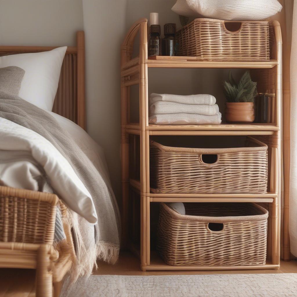 Wicker shelves used for organizing clothes and accessories in a bedroom