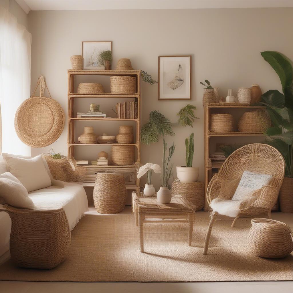 Wicker shelves used as a stylish storage solution in a living room