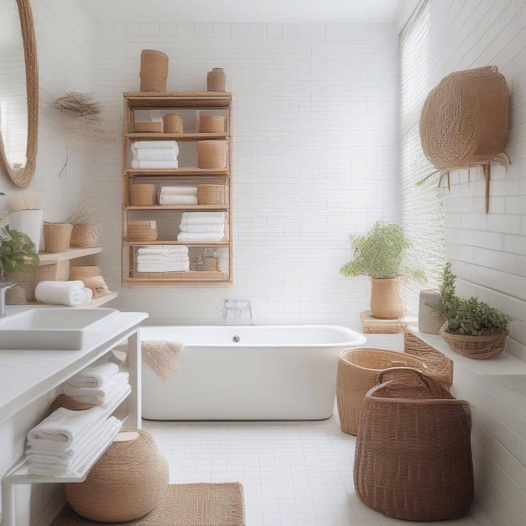 Wicker shelves used for bathroom organization, showcasing towels and toiletries.