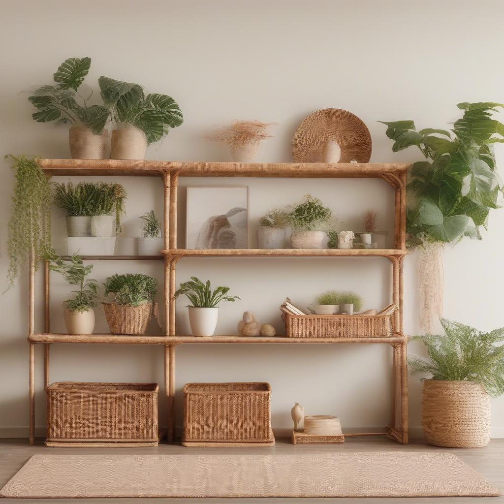 Wicker shelves provide stylish storage solutions in a living room setting, blending seamlessly with the decor and offering a practical way to organize books, plants, and decorative items.