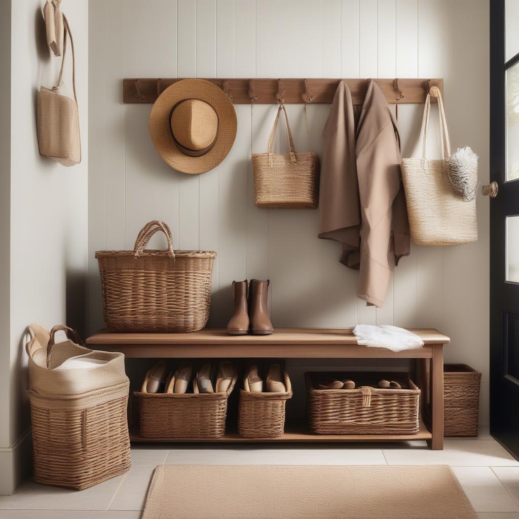 Wicker Shoe Baskets in Entryway