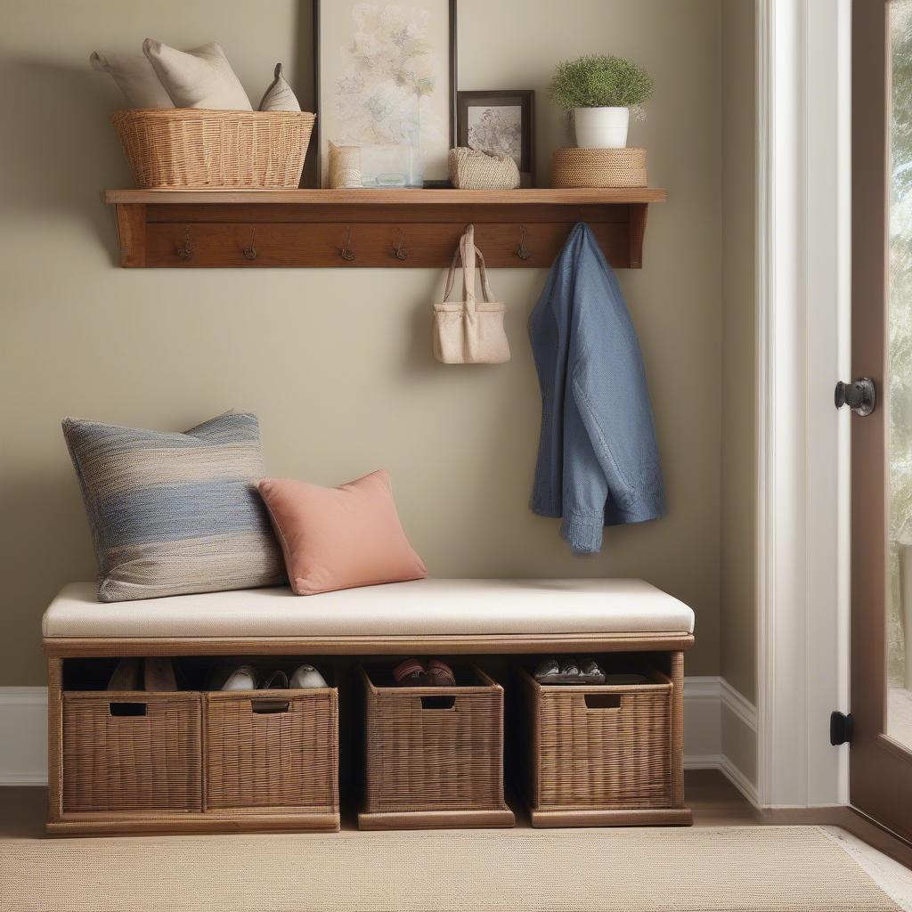 Wicker shoe storage bench with cushions and open shelves for shoes.