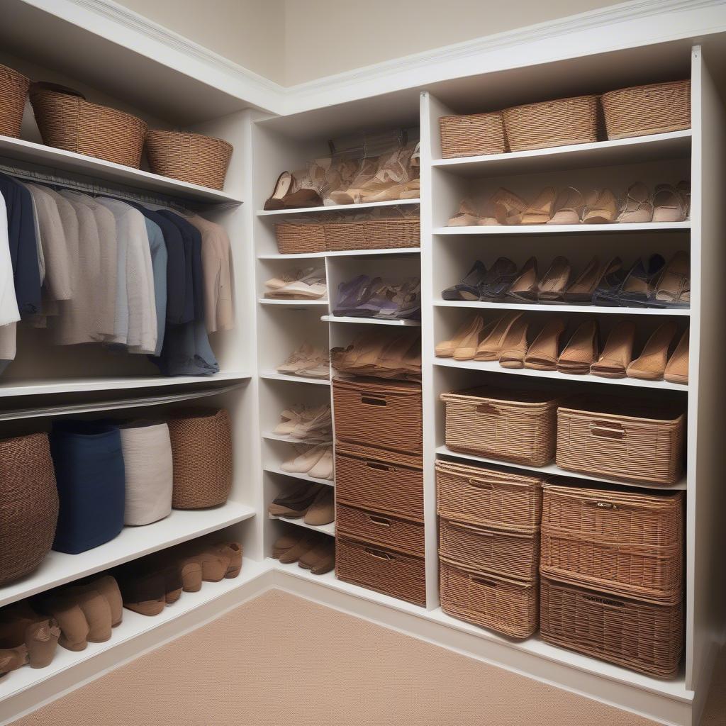 Wicker shoe storage baskets in a bedroom closet, organizing shoes and maximizing storage space.