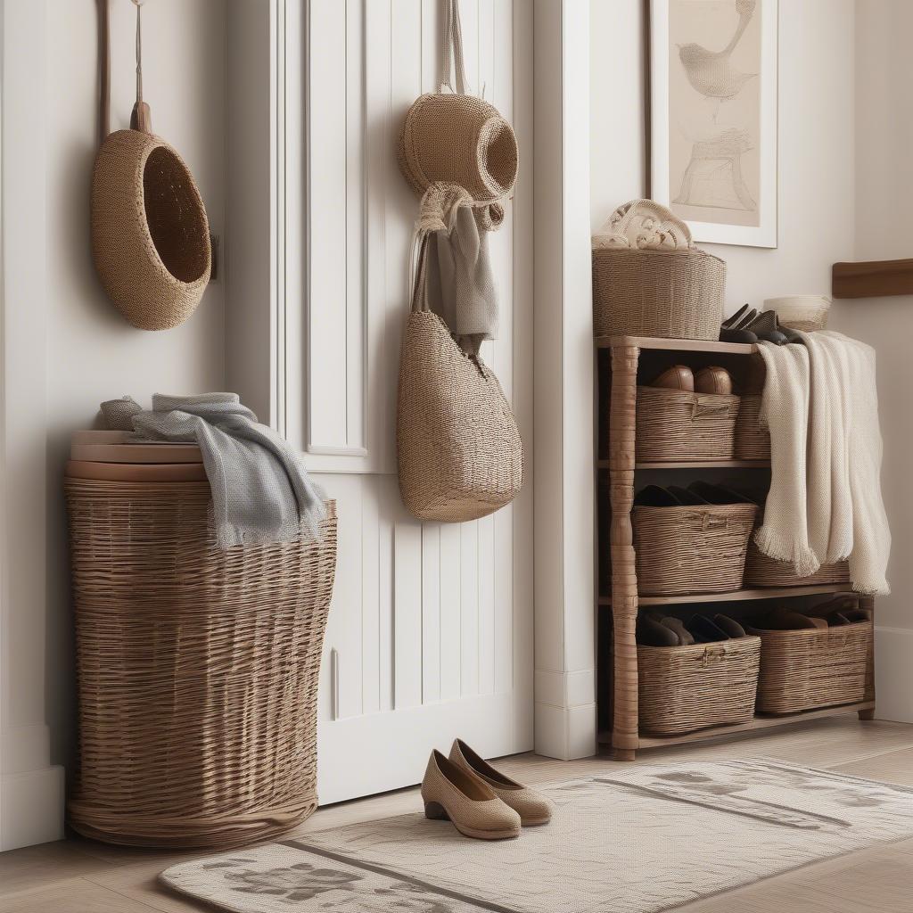 Wicker shoe storage baskets in a home entryway, neatly organizing shoes and adding a touch of rustic charm.