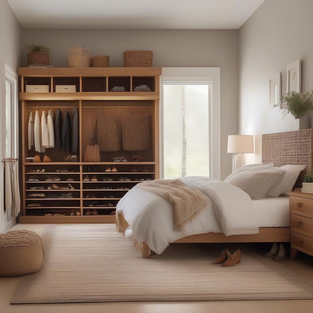 Wicker shoe storage unit in a cozy bedroom setting