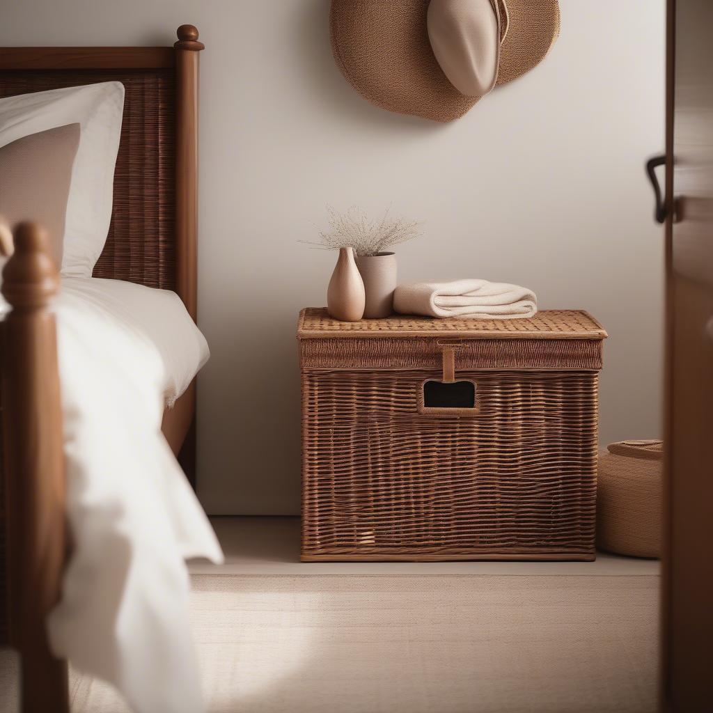 Wicker shoe storage box in a cozy bedroom setting, demonstrating its versatility and stylish appeal.