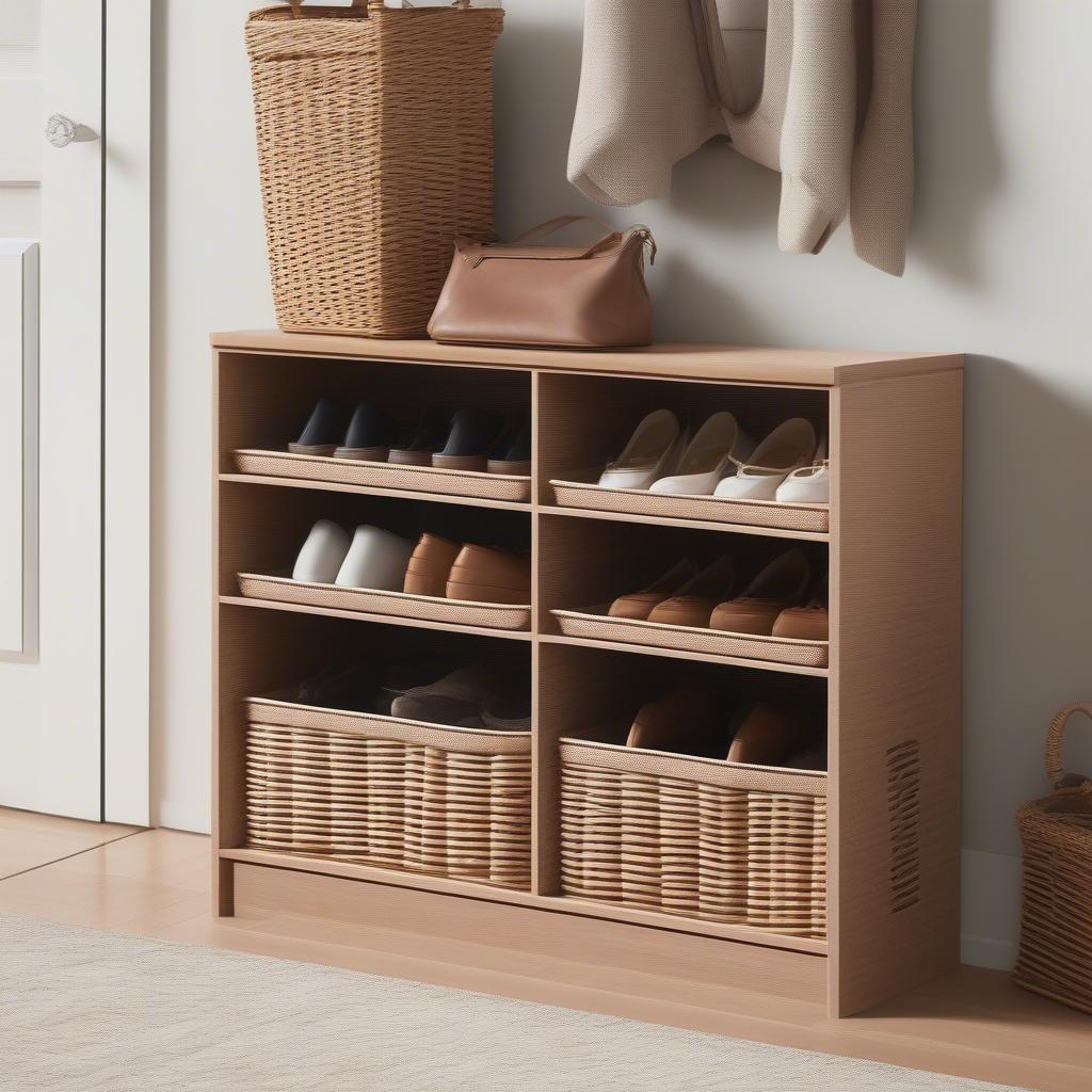 Wicker shoe storage box in a modern entryway, showcasing its stylish and practical organization solution.