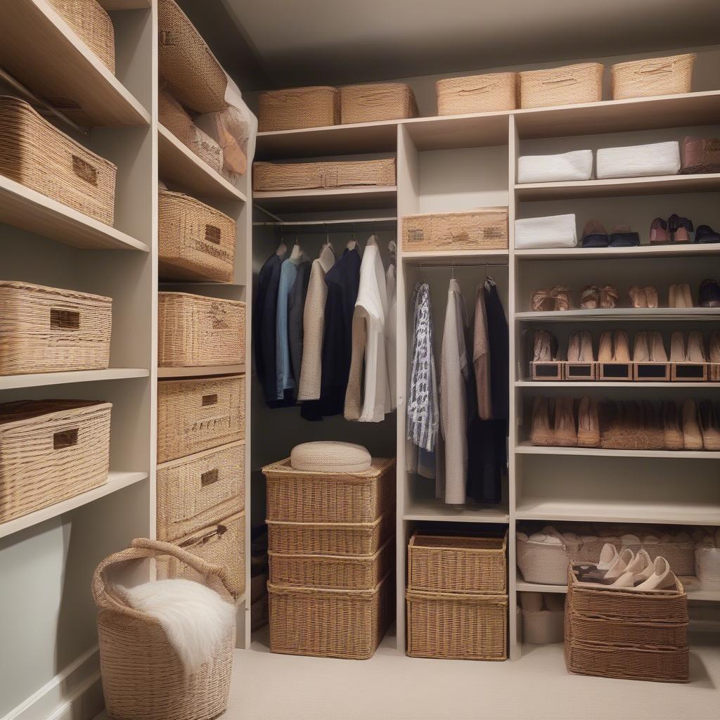 Wicker shoe storage boxes neatly organized in a closet, maximizing space and showcasing their organizational power.