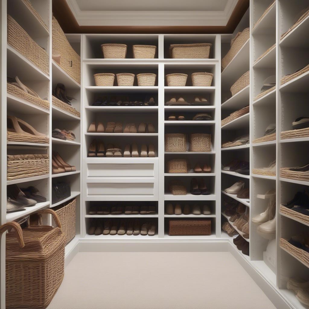 Wicker shoe storage in an organized closet