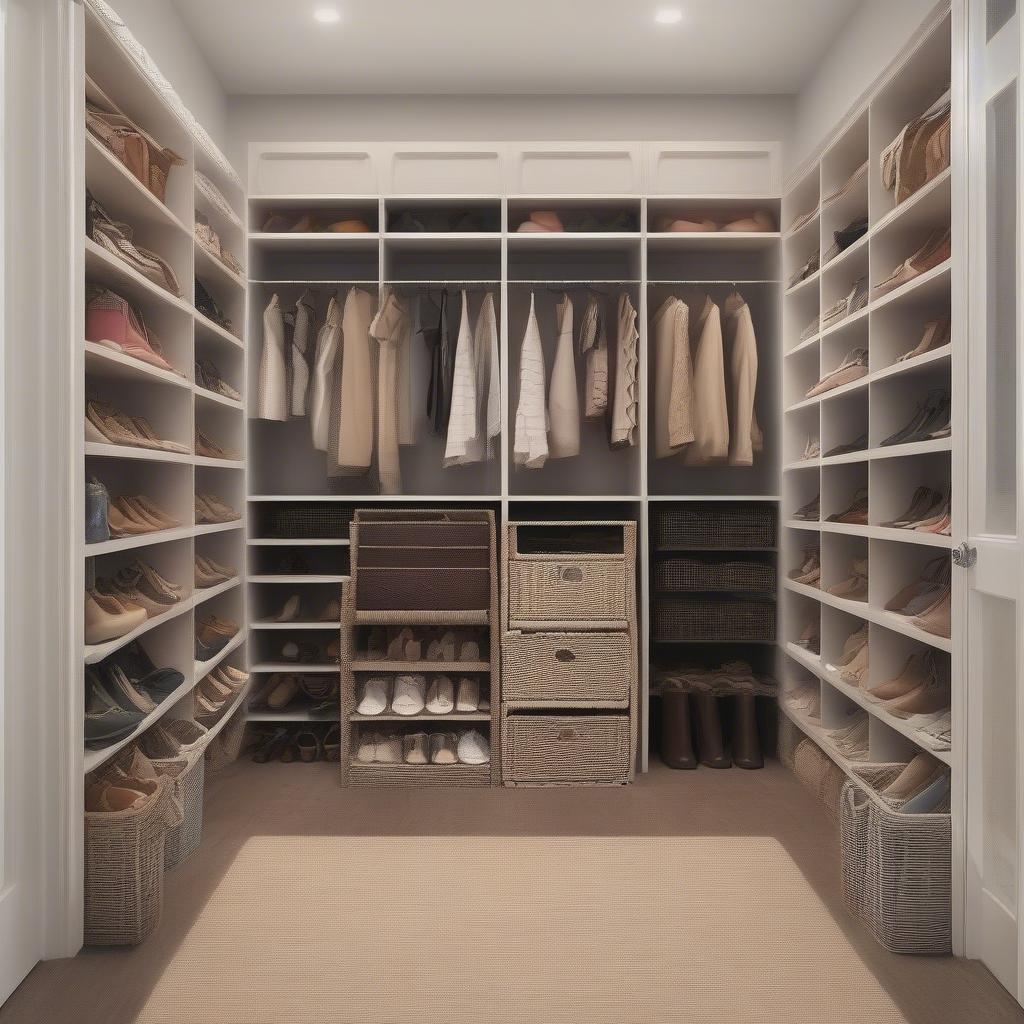 Organized closet with wicker shoe storage