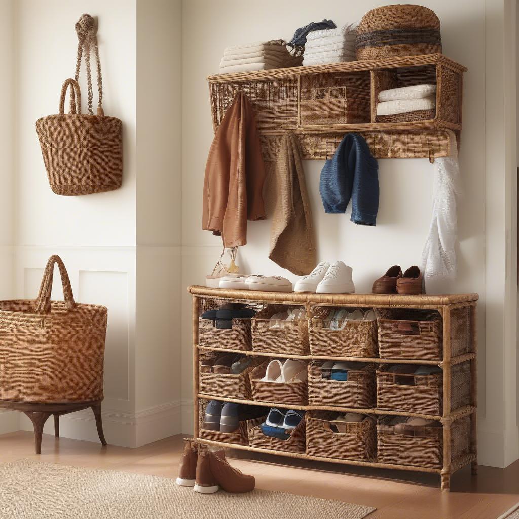 Wicker shoe storage unit in a bright entryway with various shoes neatly organized in the baskets